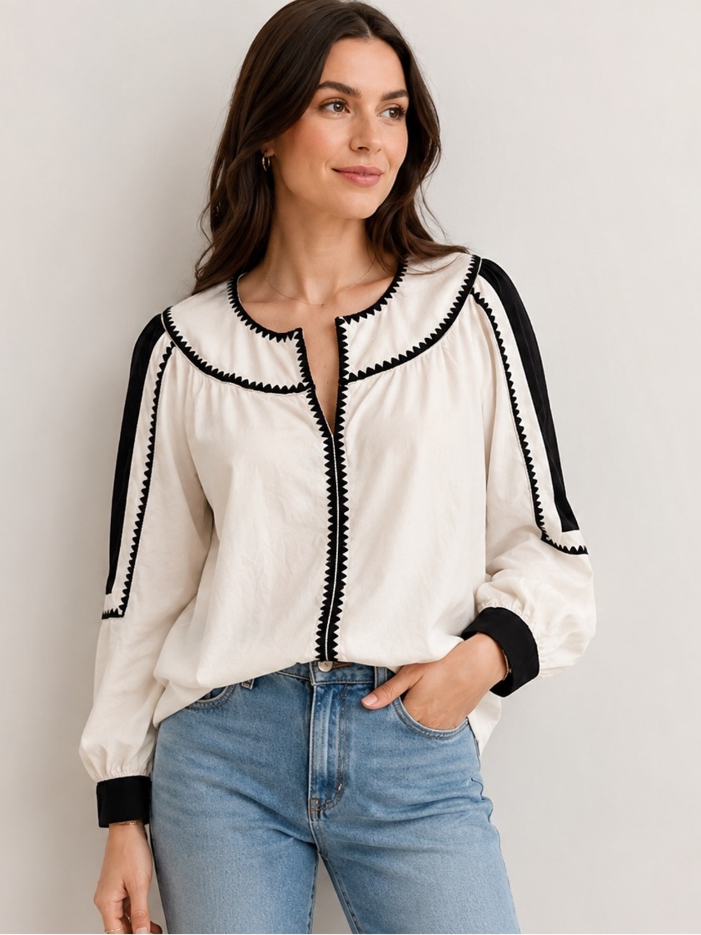 LOFT White Peasant Blouse with Black Trim